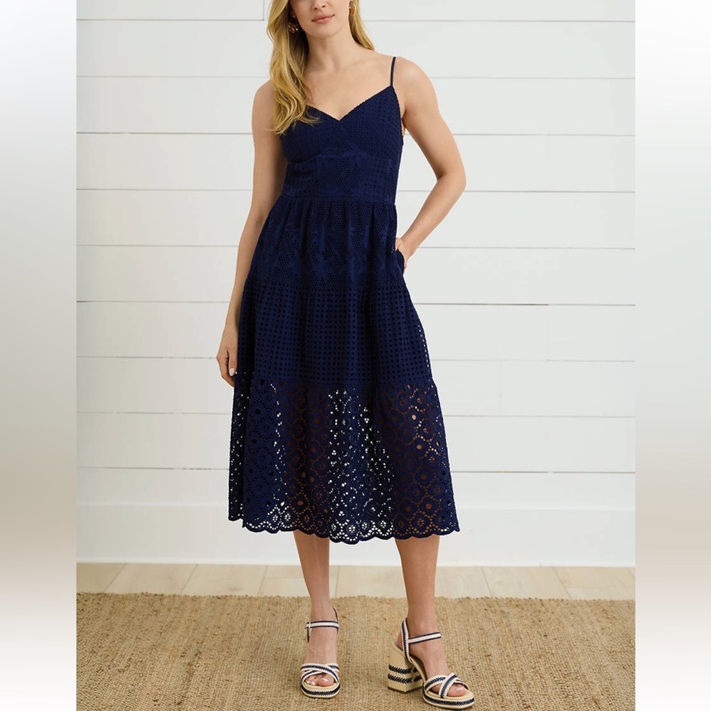 Navy Eyelet Midi Dress with Spaghetti Straps